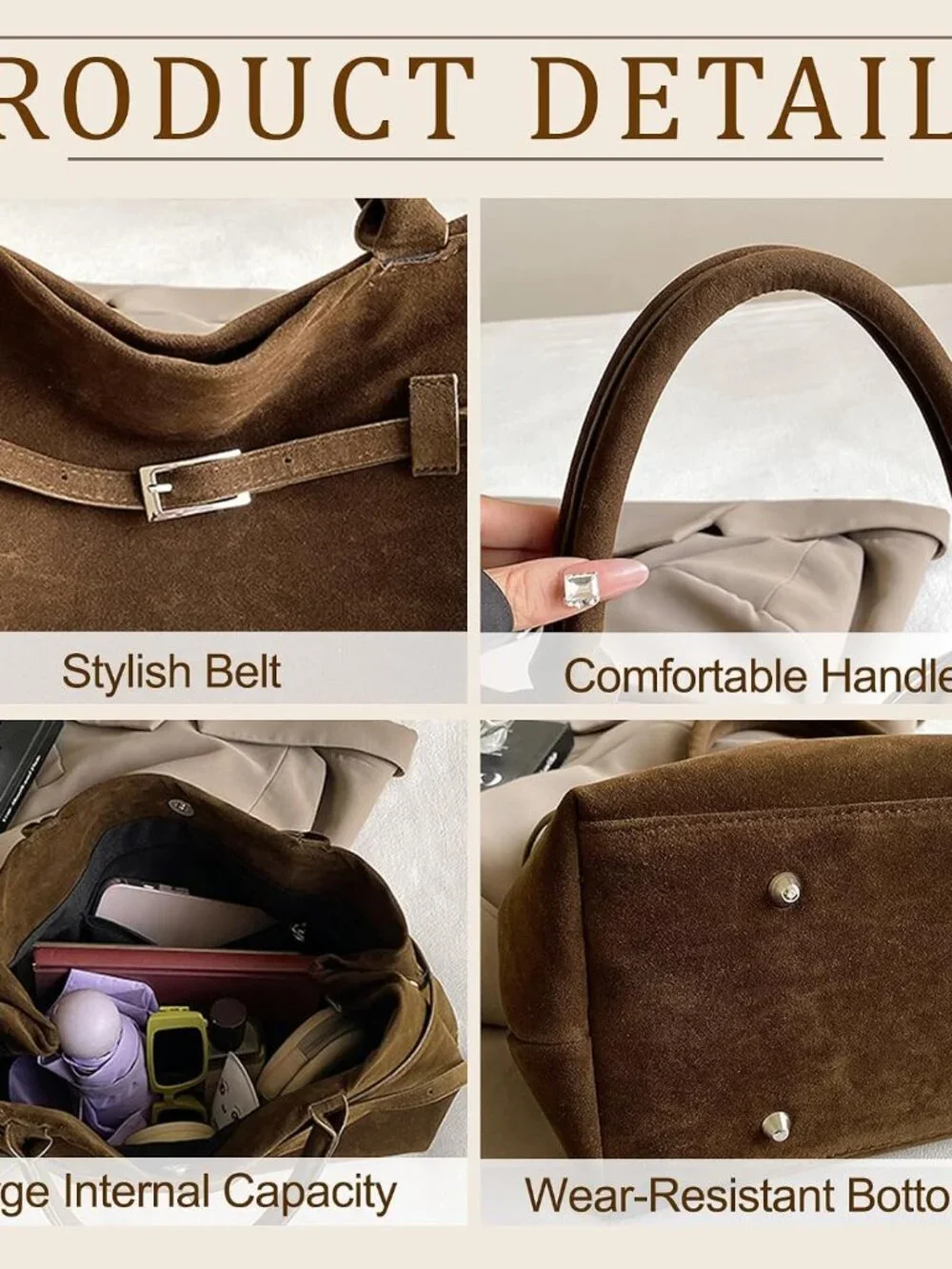 Faux Suede Bags for Women Slouchy Hobo Bag Large Suede Tote Bag Bucket Handbag R - Picture 4 of 7